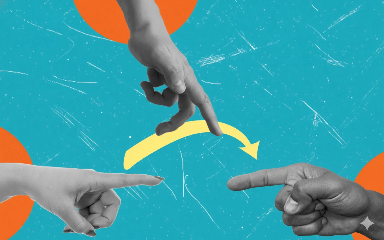 An image of three hands, where one hand's finger is guiding the other forward towards the hand ahead of it, symbolizing progress -- Eravue's mission.